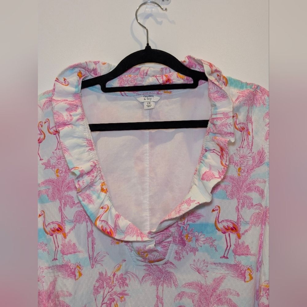 Crown & Ivy Pink Flamingo Tropical Print Dress 1X Plus Size Ruffle Resortwear - Picture 4 of 7